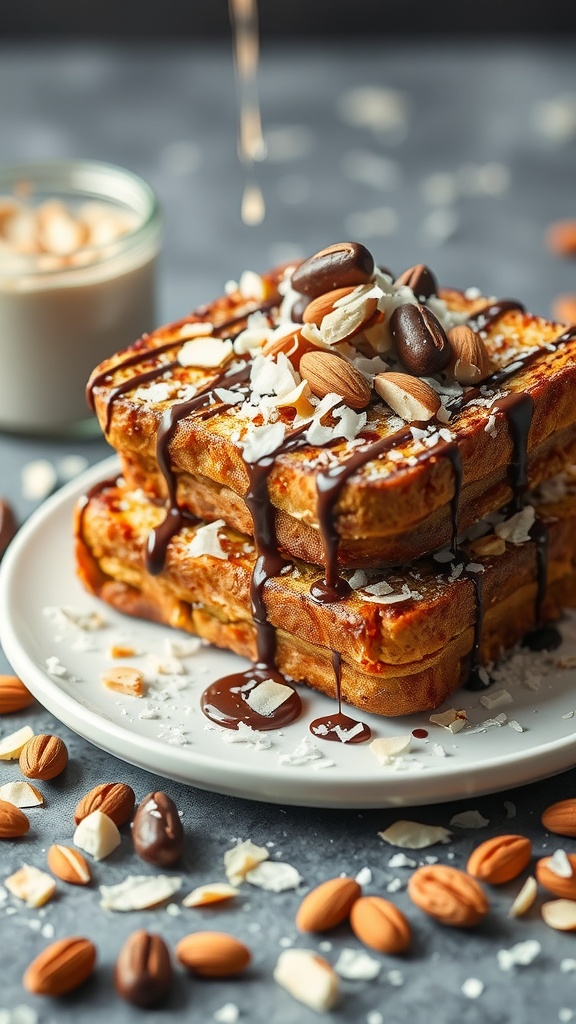 A plate of Almond Joy French Toast topped with chocolate syrup, shredded coconut, and sliced almonds.