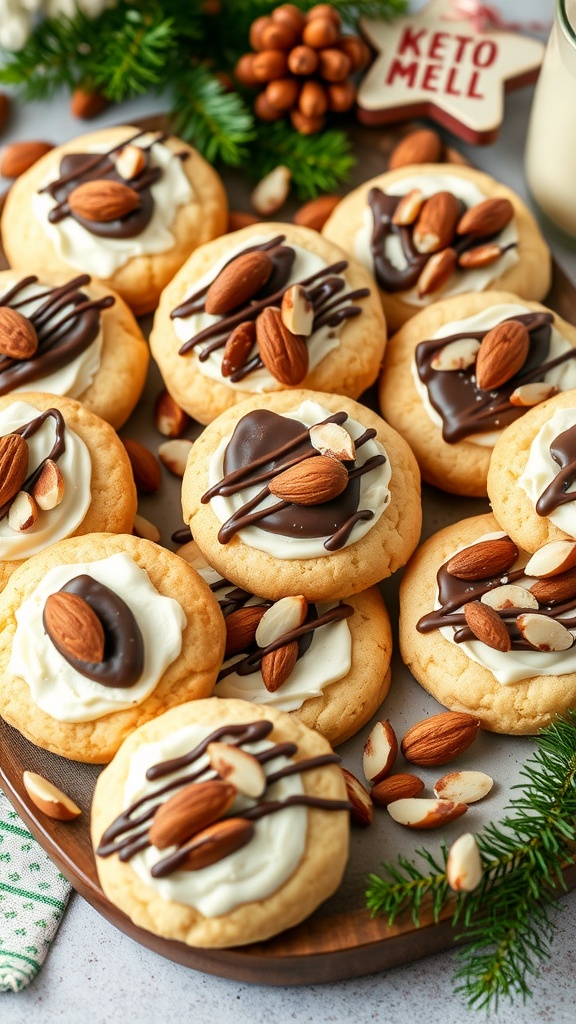 A platter of Almond Joy Keto Cream Cheese Cookies topped with chocolate and almonds.