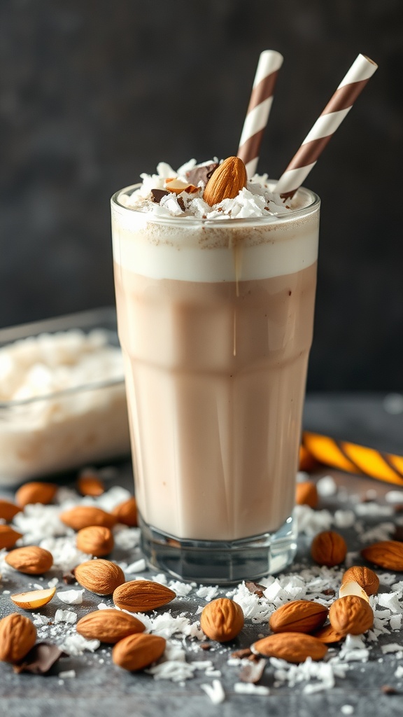 Almond Joy Protein Shake in a glass with coconut and almonds scattered around