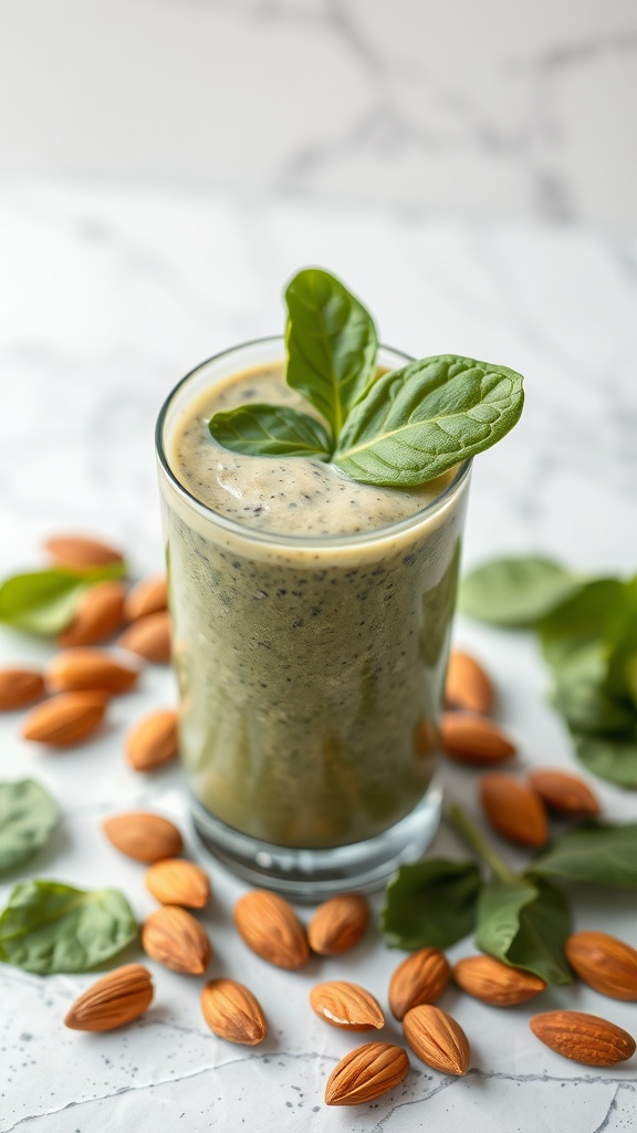 A glass of almond spinach energy drink surrounded by almonds and spinach leaves