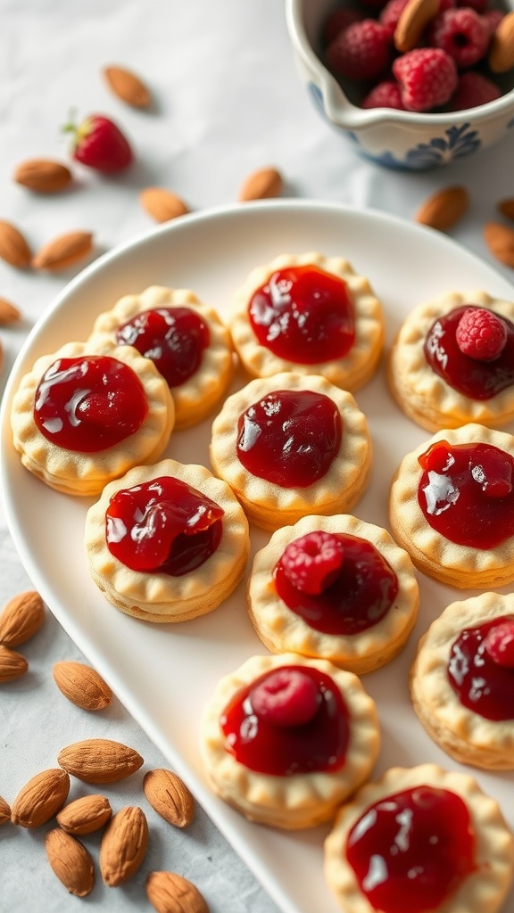 Almond thumbprint cookies topped with raspberry preserves