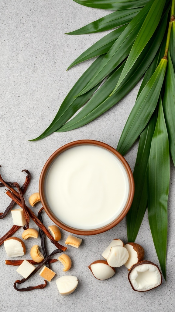 A bowl of coconut sauce surrounded by coconut and nuts