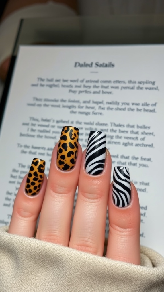 Close-up of acrylic coffin nails featuring animal print designs with leopard and zebra patterns.