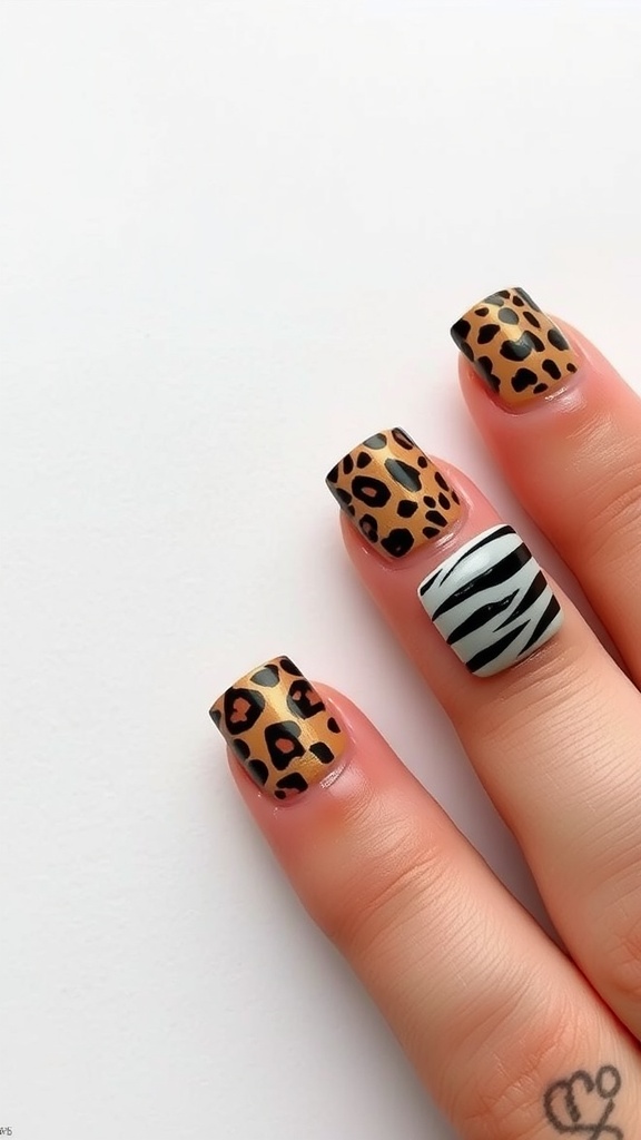 Close-up of square nails featuring animal prints including leopard and zebra patterns.