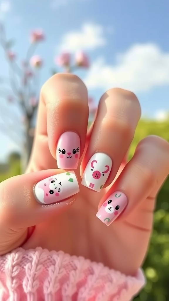Nail art featuring cute animal designs in pink and white.
