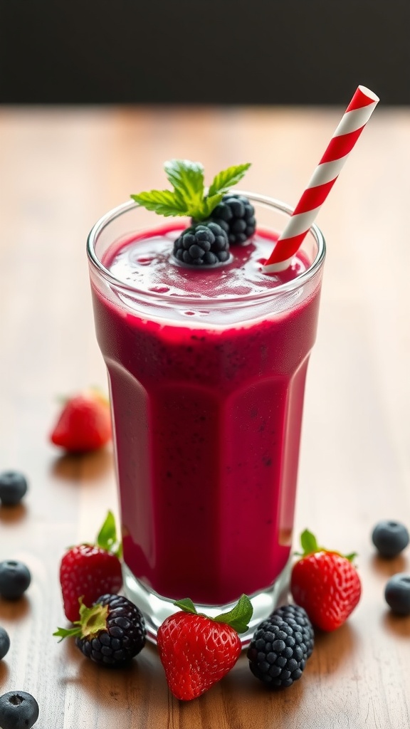 A refreshing berry smoothie with a straw and garnished with berries.