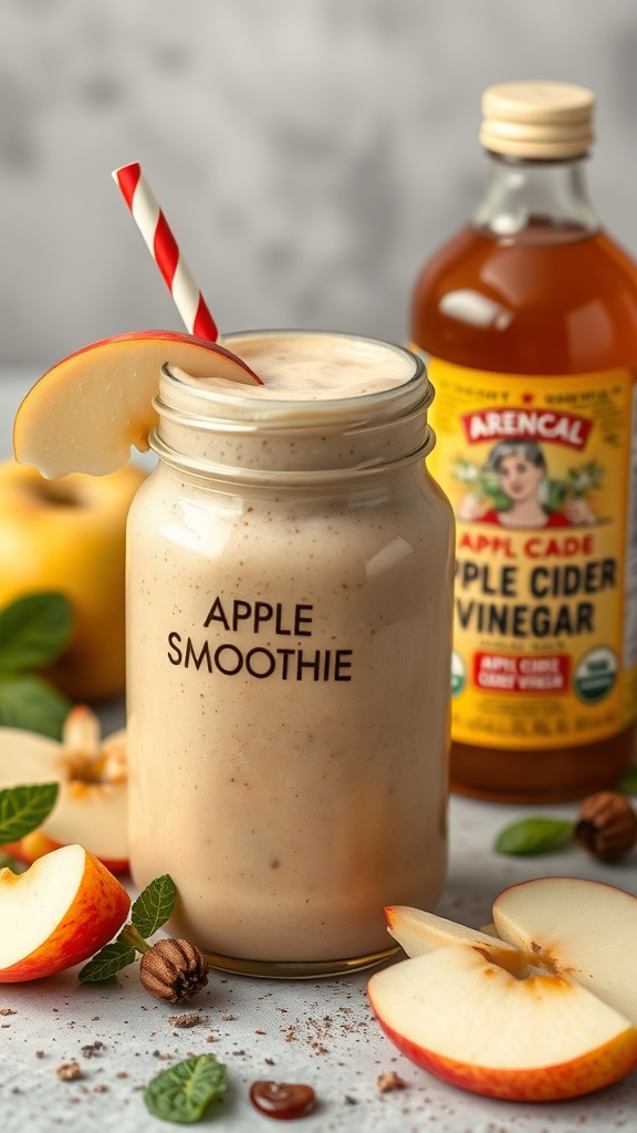 A refreshing apple cider vinegar detox smoothie in a jar with a straw and apple slices.