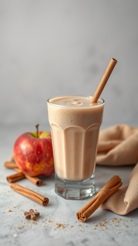 A refreshing apple cinnamon smoothie in a glass, garnished with a cinnamon stick.