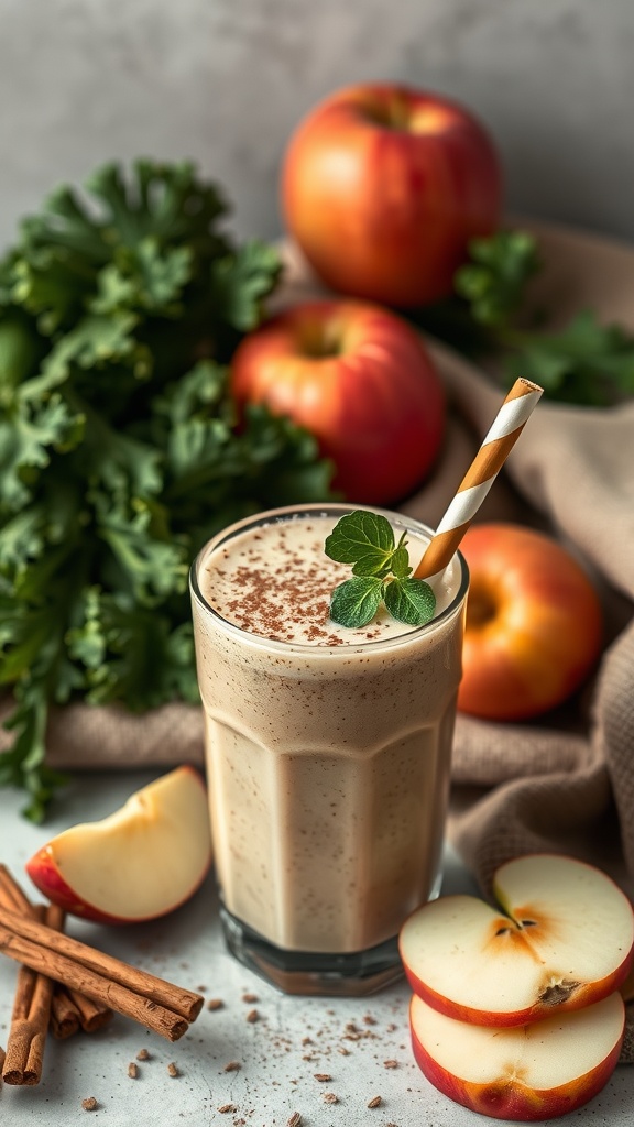 A refreshing Apple Cinnamon Kale Smoothie served in a glass with apple slices and cinnamon sticks.
