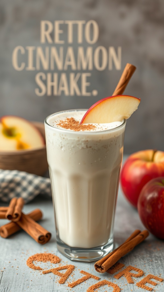 A delicious apple cinnamon keto shake in a glass with an apple slice and cinnamon stick garnish