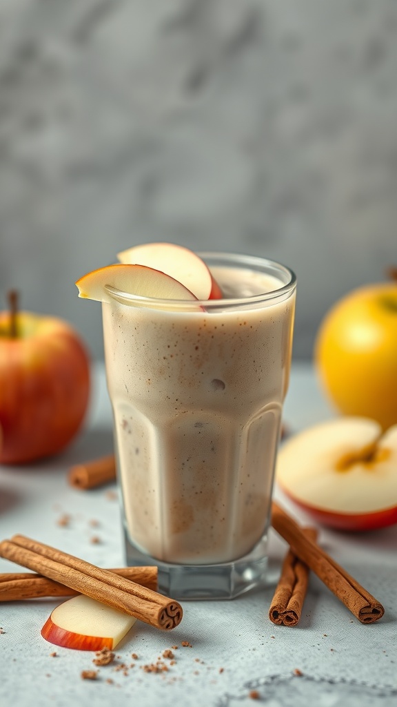 A delicious apple cinnamon peanut butter smoothie in a glass, garnished with apple slices and cinnamon sticks.
