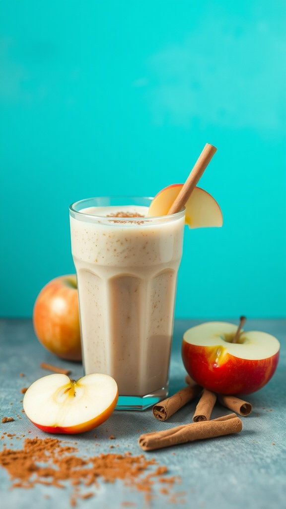 A delicious Apple Cinnamon Smoothie in a glass with apple slices and cinnamon sticks around it.