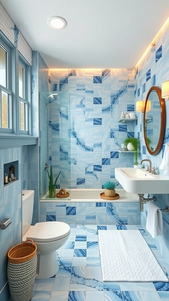 A beautifully designed blue-themed bathroom featuring a combination of light and dark blue tiles with aquatic decor.