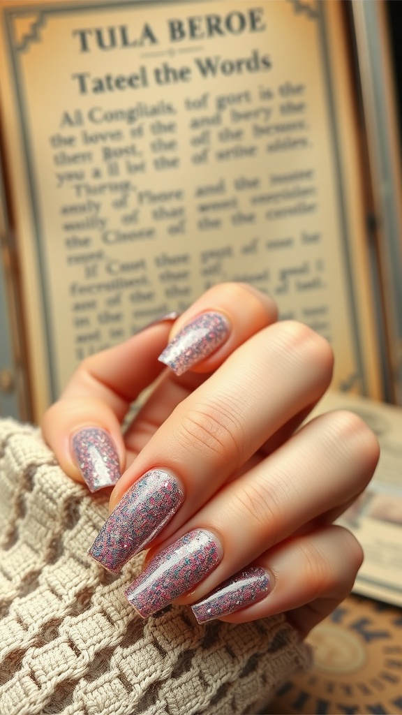 Close-up of hands with Art Deco glitter nail design on a textured background