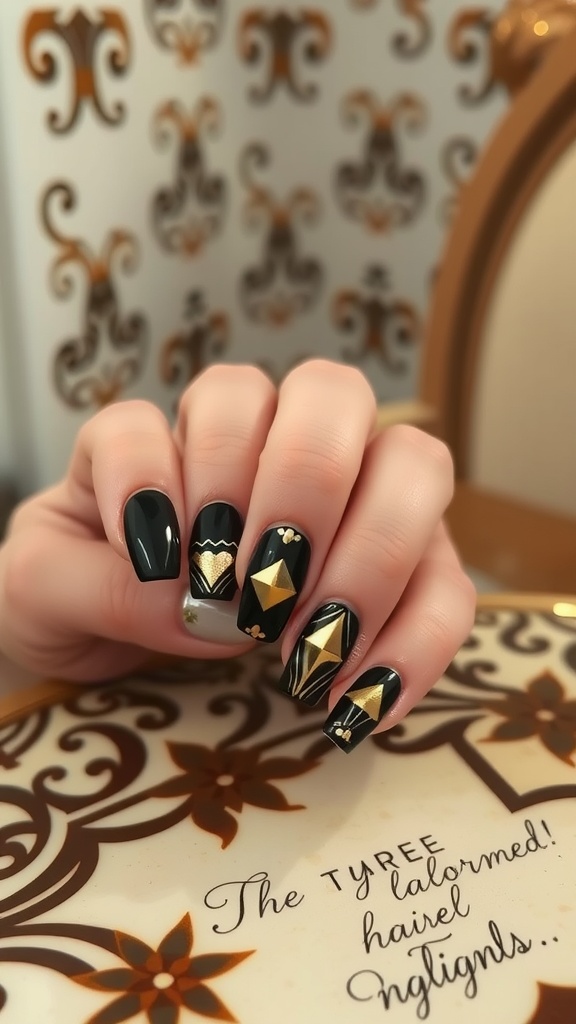 Close-up of manicured black and gold Art Deco inspired nails