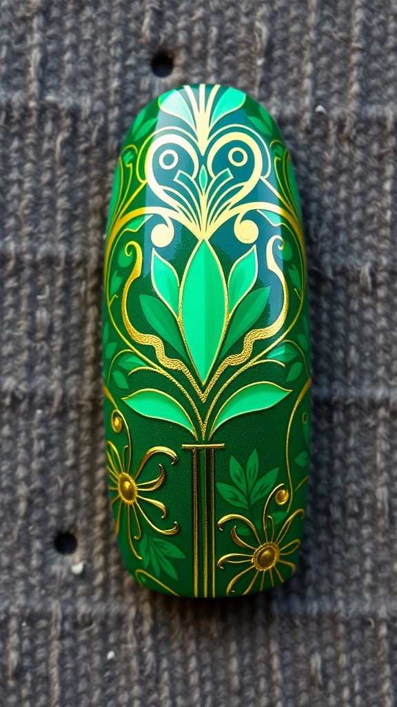 Green and gold Art Deco inspired nail design with floral patterns