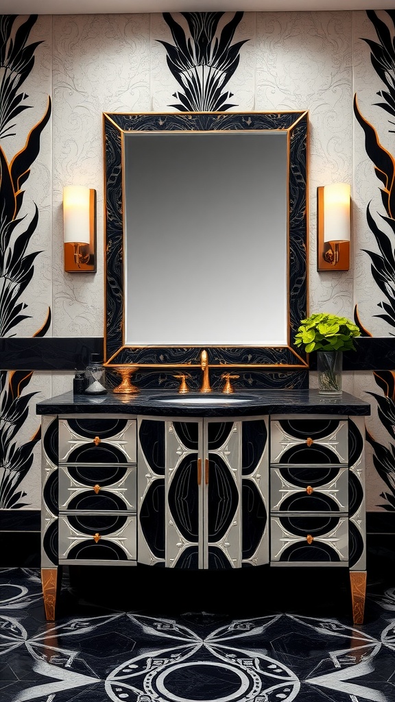 Art Deco inspired vanity with bold patterns and elegant design