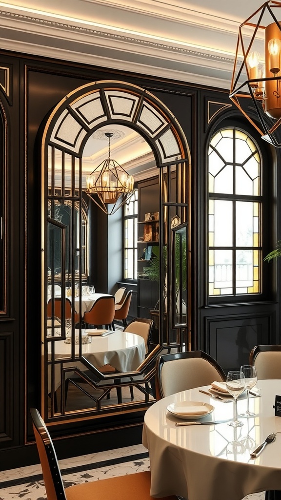 A stylish Art Deco mirror reflecting a chic dining area with elegant decor.
