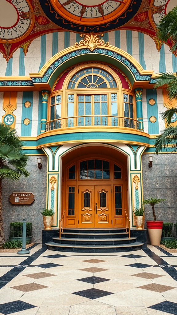 A colorful Art Deco style residence with a grand entrance and decorative elements.