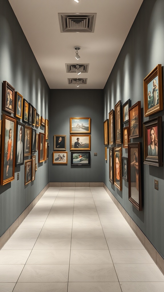 A narrow hallway lined with various framed artworks, creating a gallery-like atmosphere.