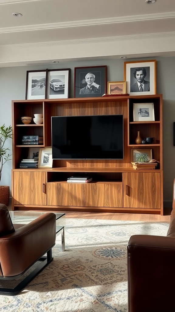 An entertainment center showcasing art displays and decorative items.