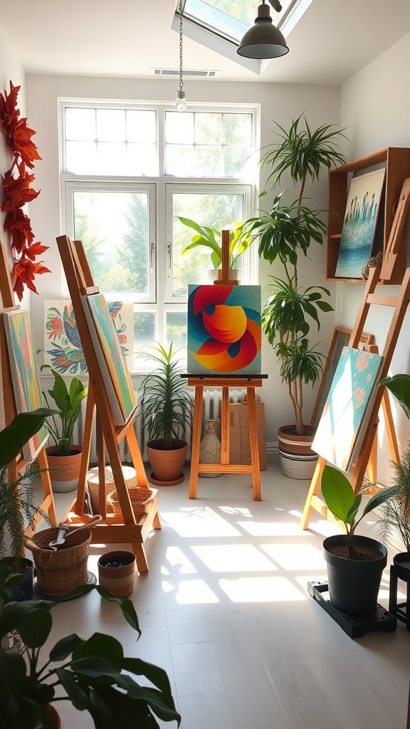A bright art studio in a sunroom with easels, plants, and colorful artwork.