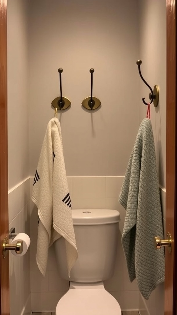 Decorative hooks holding towels in a small bathroom.