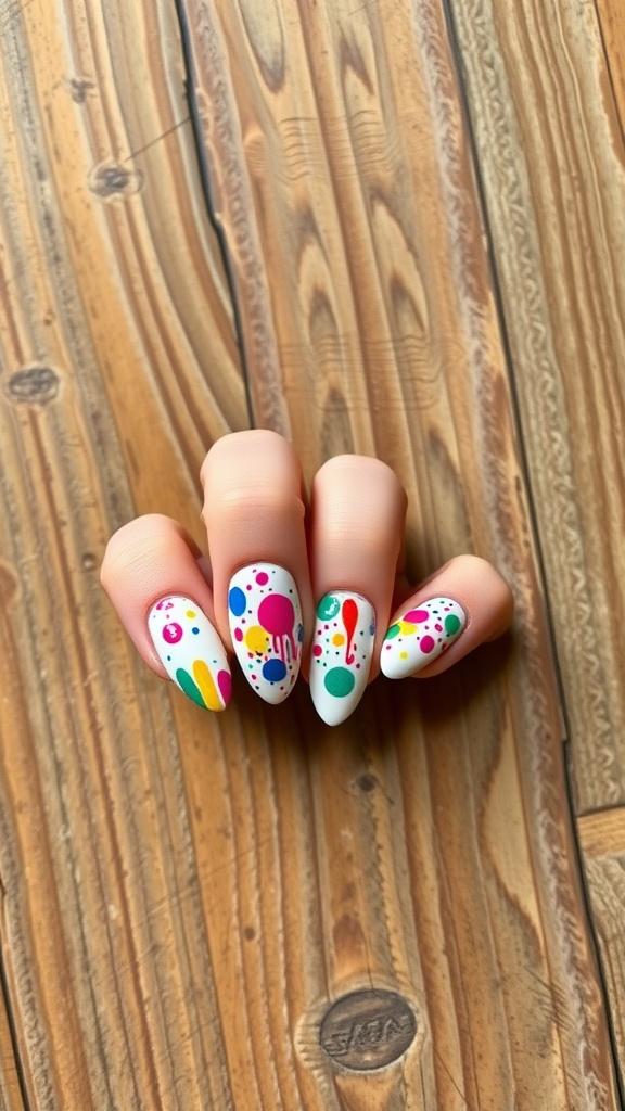 Colorful splatter design on short almond nails with a white base.