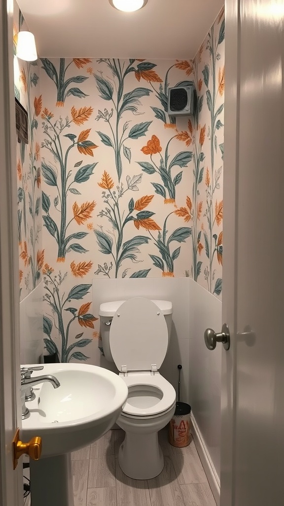 A small bathroom featuring floral wallpaper with green and orange hues.