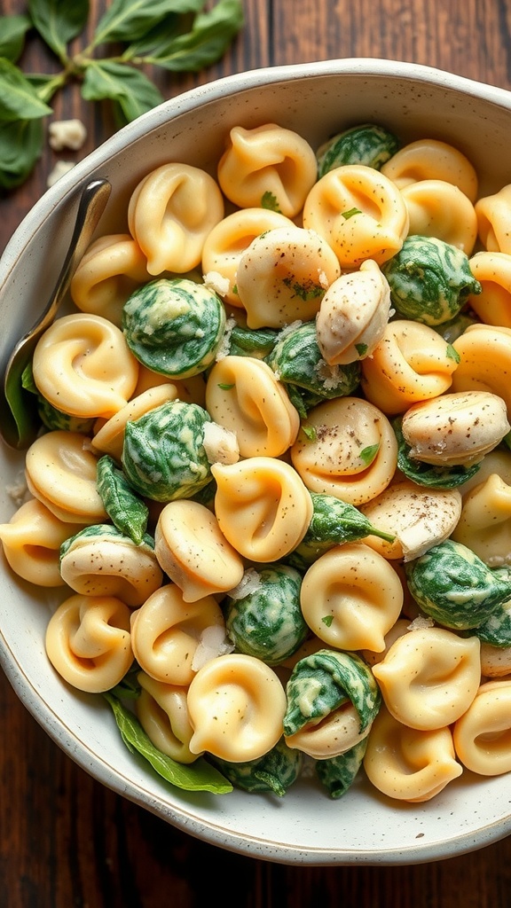 A bowl of artichoke and spinach tortellini salad with fresh ingredients.