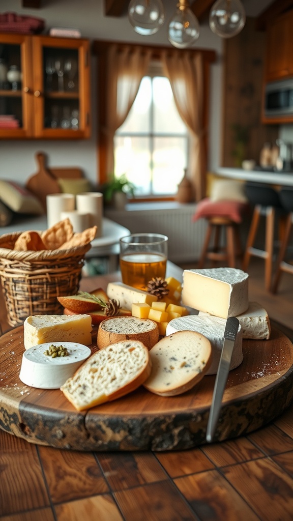 A beautifully arranged cheese board featuring various artisan cheeses and breads, set in a cozy kitchen.