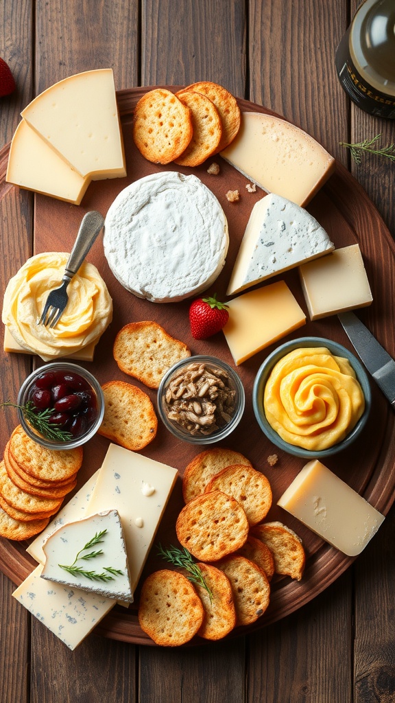Delicious artisan cheese platter with various cheeses, crackers, and spreads