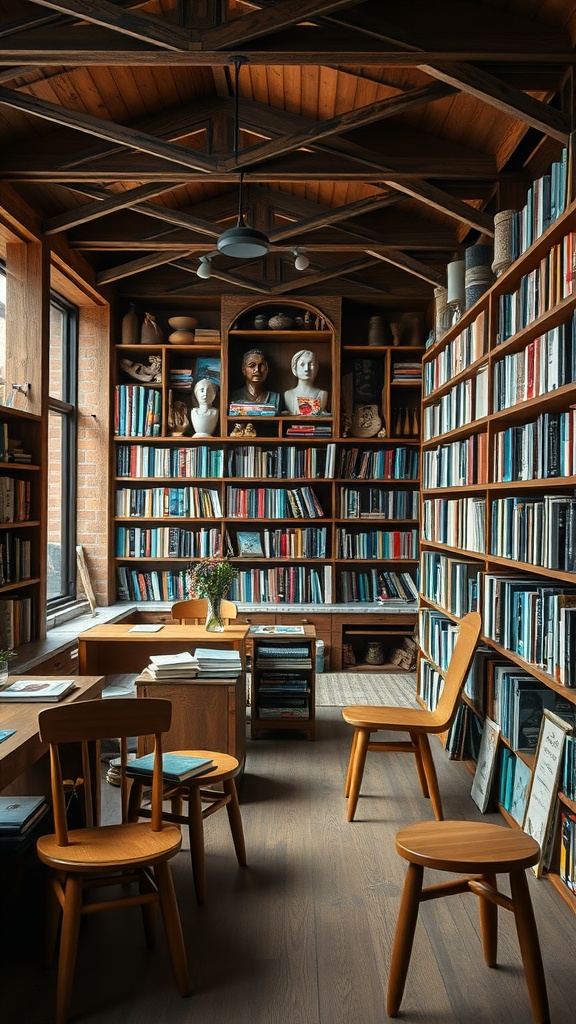 Artisan library featuring handmade wooden furniture and bookshelves filled with books.