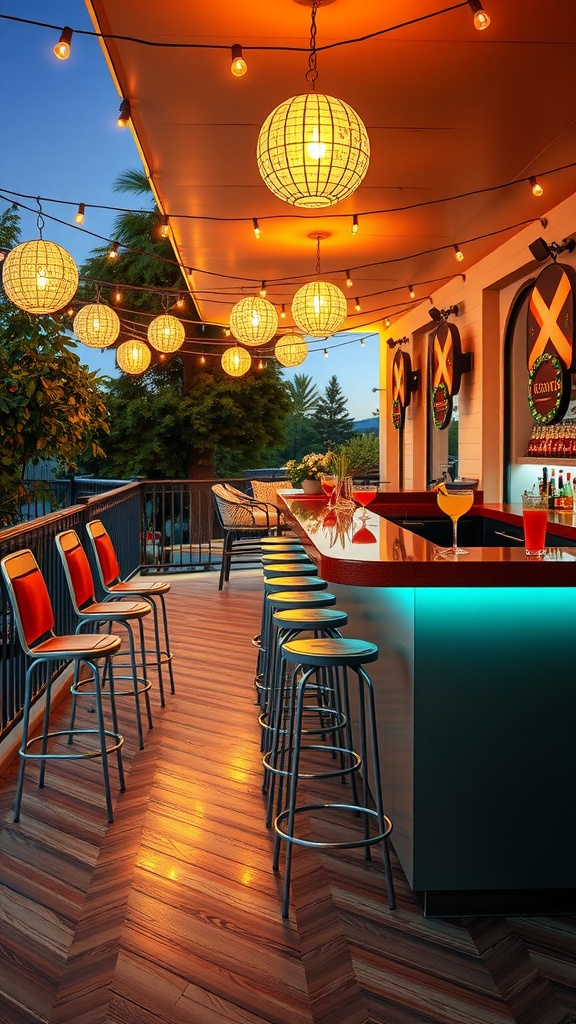 A stylish outdoor bar with hanging lanterns and colorful stools.