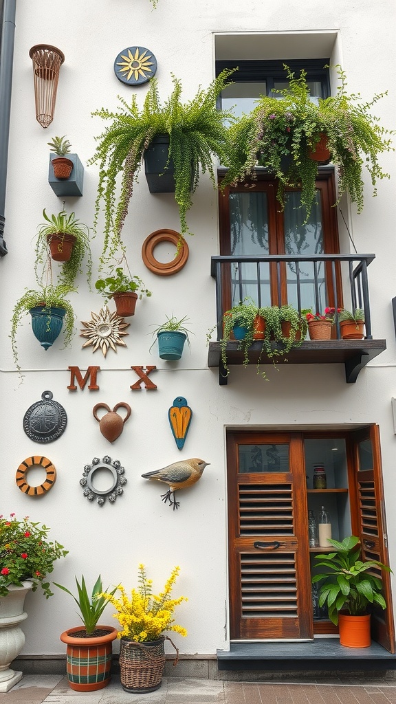 A balcony wall decorated with plants, mirrors, and unique decorations.