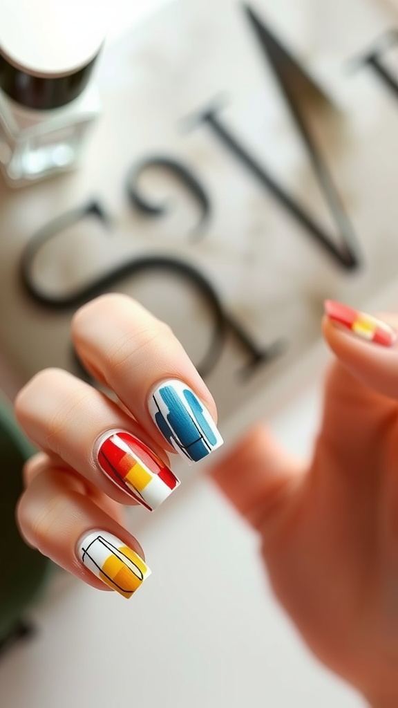 Close-up of artistic brush stroke square nails in various colors.