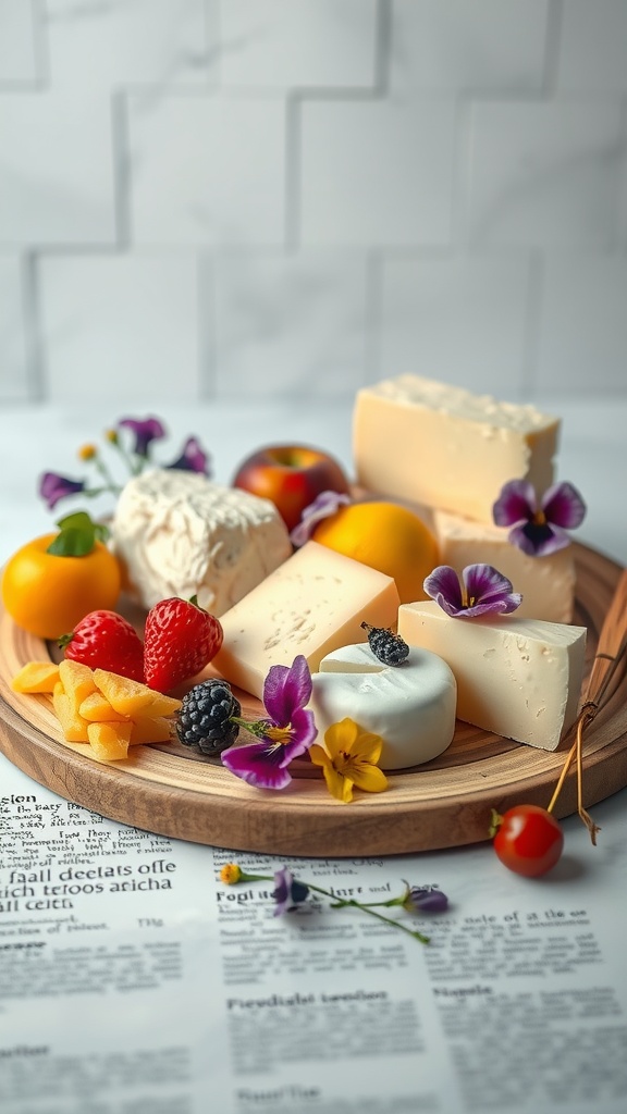 A beautiful cheese and fruit platter featuring various cheeses, fresh fruits, and edible flowers
