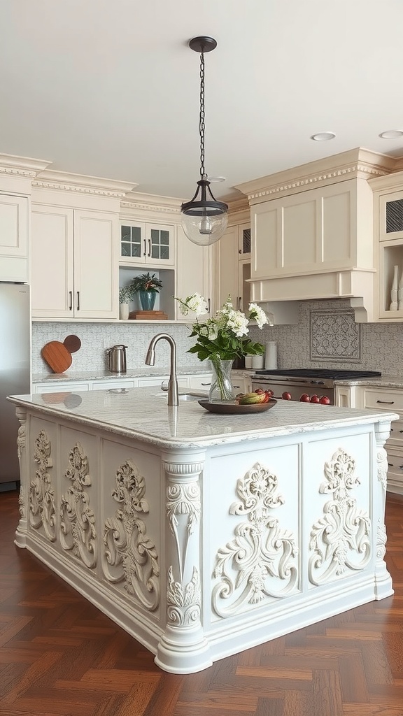 A beautifully designed kitchen island with intricate carvings.