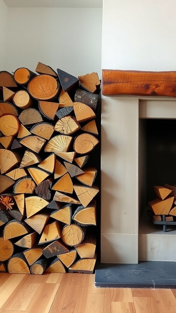 A neatly stacked arrangement of firewood beside a modern fireplace.