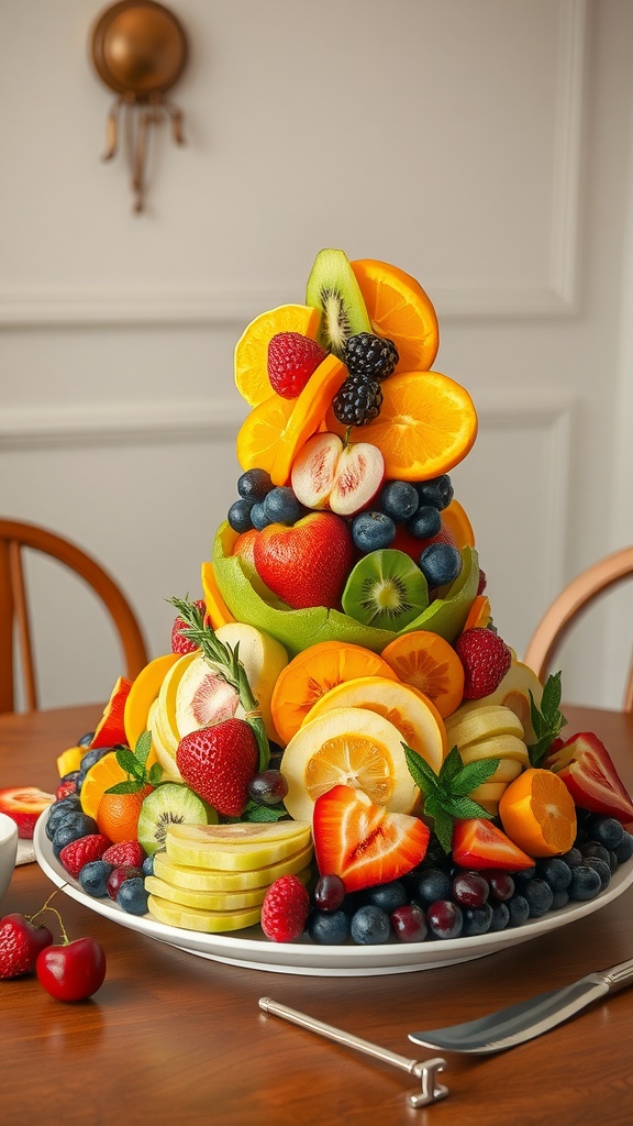 A vibrant fruit sculpture featuring layers of various fruits like strawberries, oranges, and blueberries arranged on a table.
