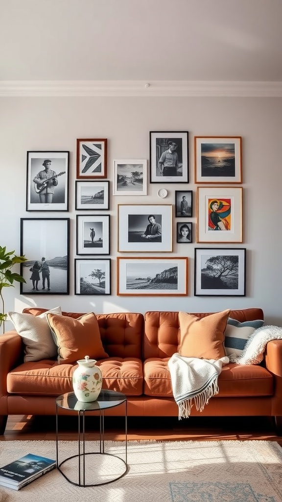 Gallery wall with various framed art pieces above a brown couch