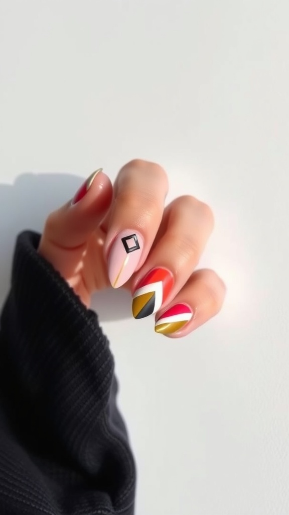 A close-up image of stylish short almond nails featuring artistic geometric patterns in various colors.
