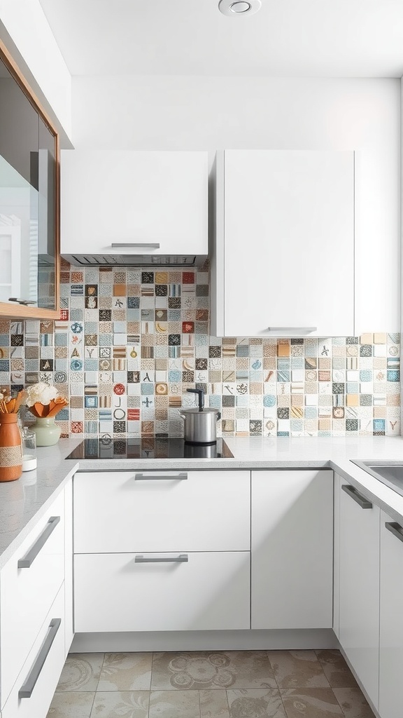 Artistic tile arrangement in a modern kitchen backsplash featuring various colors and patterns.