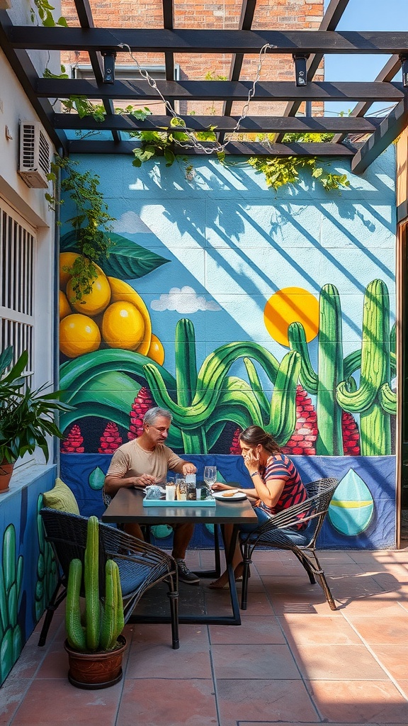 A cozy outdoor patio featuring a colorful mural with cacti and a sunset.