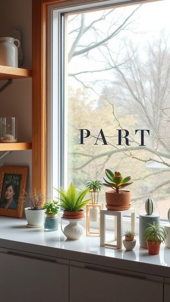 A beautifully decorated kitchen window with various plants and decorative items.