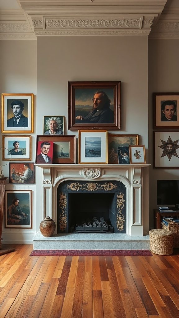 A beautifully decorated fireplace with various framed artworks on the wall surrounding it.