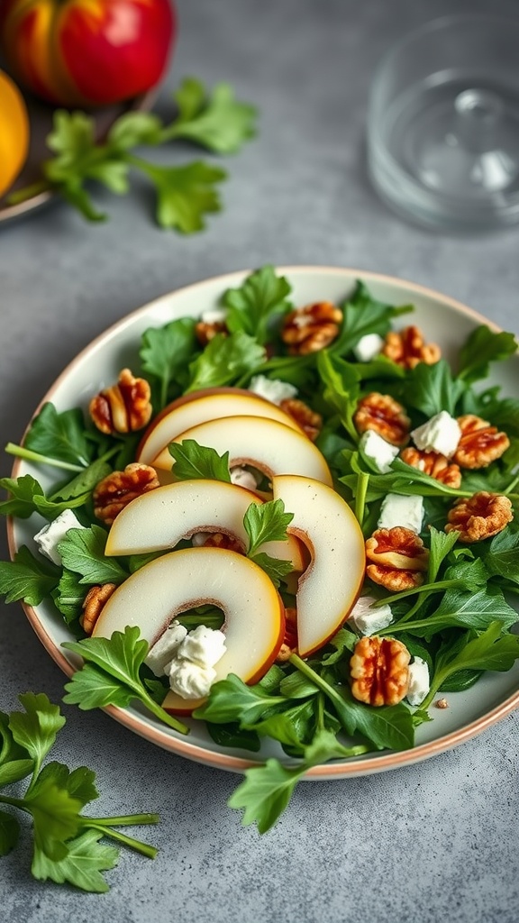 A fresh arugula salad topped with sliced pears, walnuts, and goat cheese.
