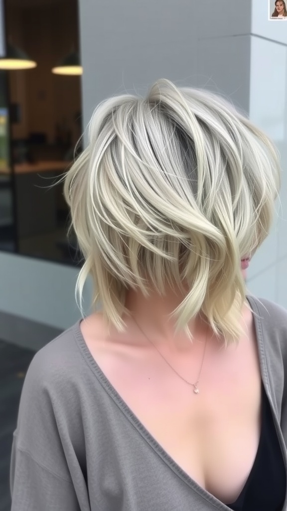 A hairstyle featuring ashy blonde color with textured ends, styled in soft waves.