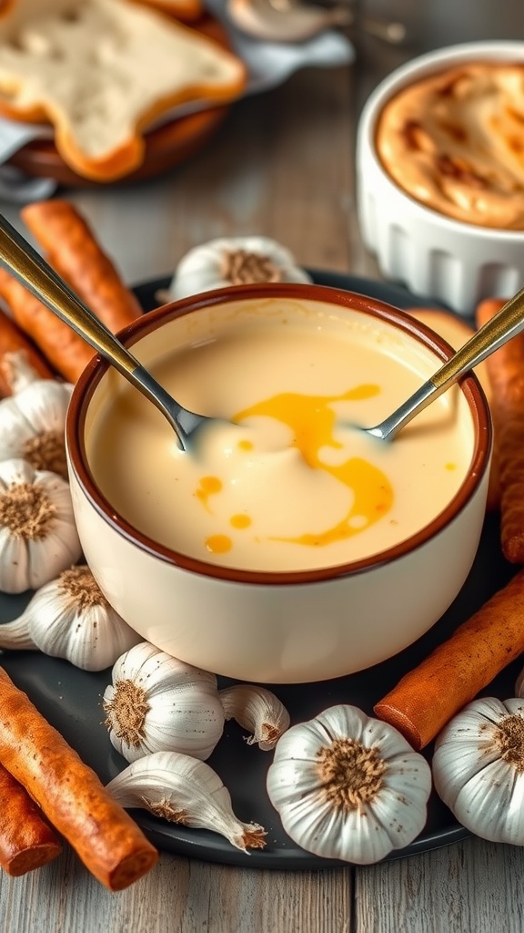 A bowl of Asiago and garlic fondue surrounded by garlic cloves and carrot sticks.