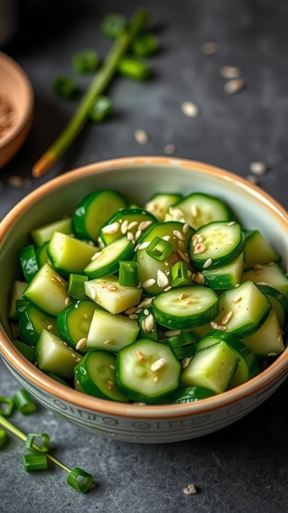 A bowl of Asian cucumber salad with sesame dressing, garnished with sesame seeds and green onions.